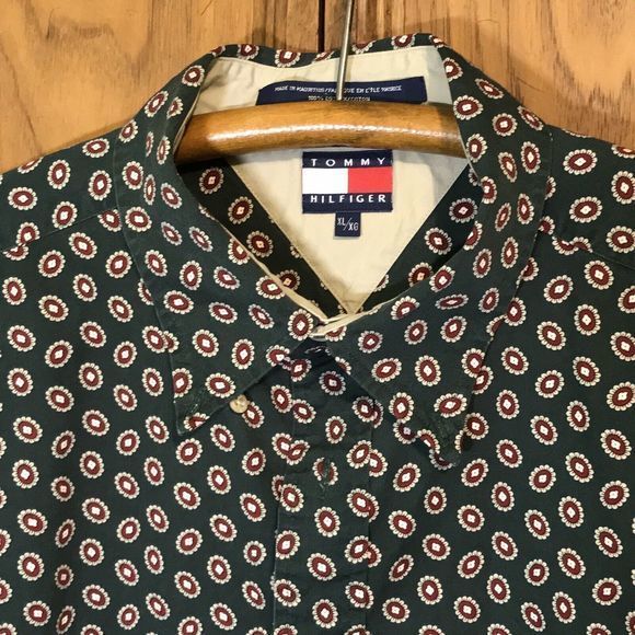 Tommy Hilfiger XL Oxford Button-Down Green Print‎ Shirt Pocket Flag & Crest Logo - Picture 1 of 12